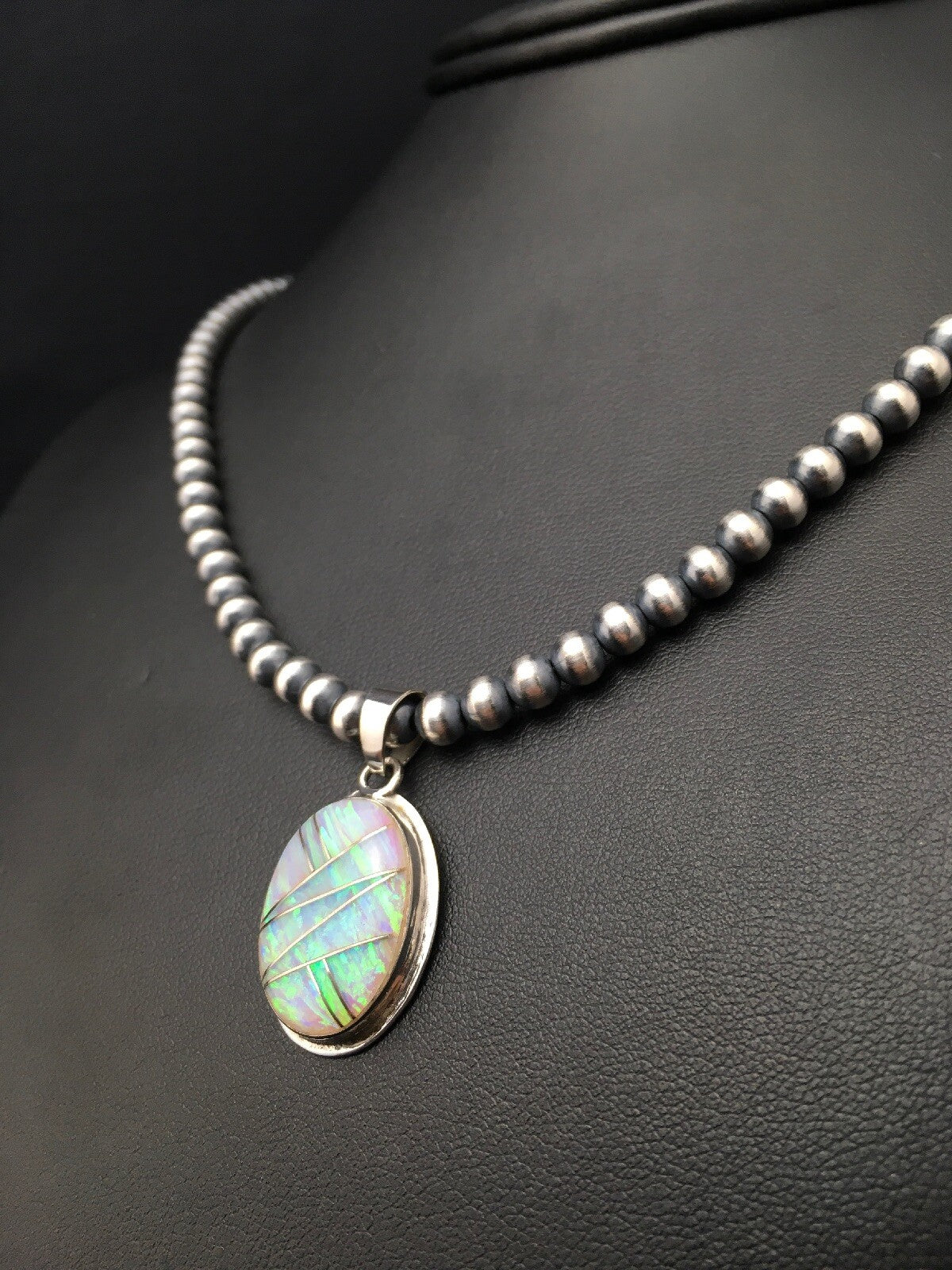 Native Opal Inlay Pendant Navajo Pearls Sterling Silver Necklace 4400