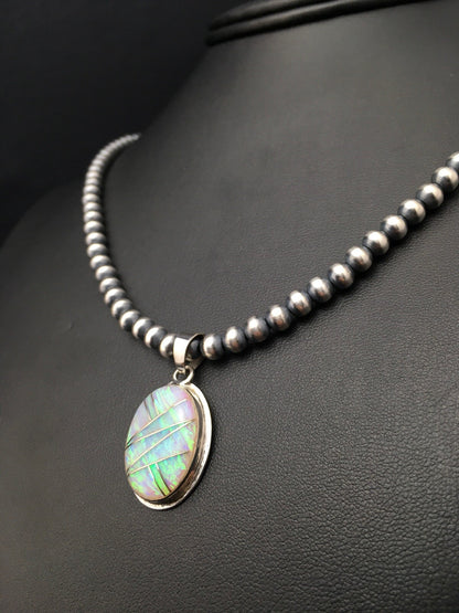 Native Opal Inlay Pendant Navajo Pearls Sterling Silver Necklace 4400