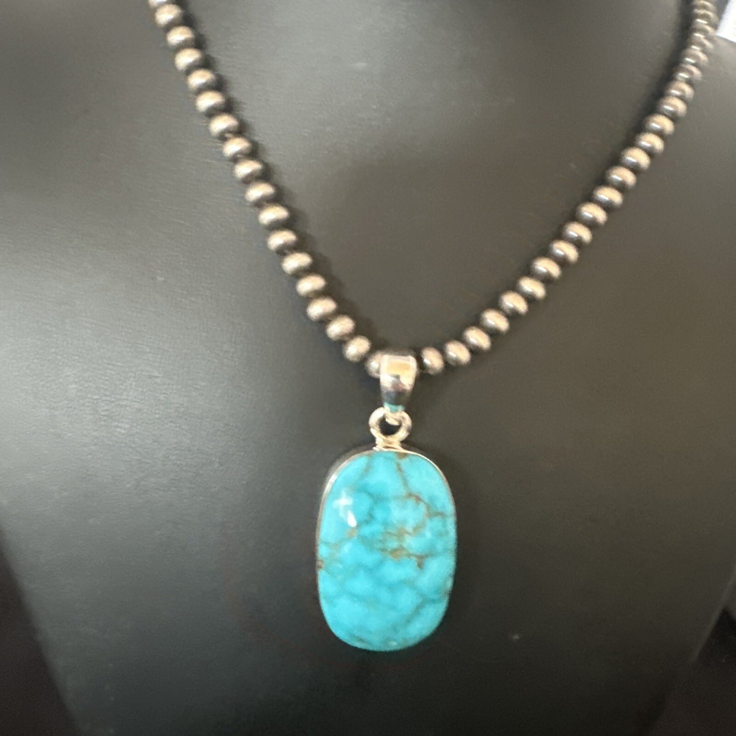 Blue Kingman Turquoise Pendant Navajo Pearls Sterling Silver Necklace 20” 16691