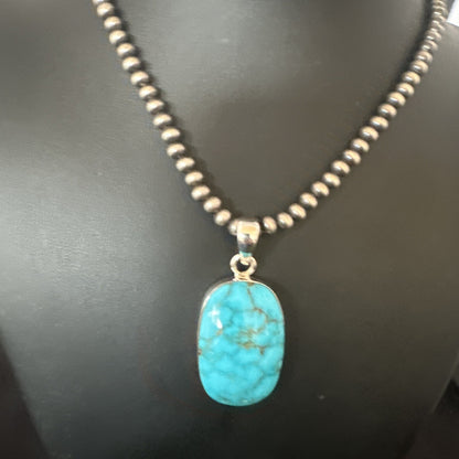 Blue Kingman Turquoise Pendant Navajo Pearls Sterling Silver Necklace 20” 16691