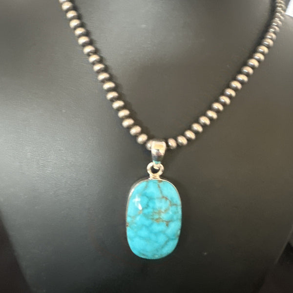 Blue Kingman Turquoise Pendant Navajo Pearls Necklace 20" | Sterling Silver | Authentic Native American Handmade | 16691