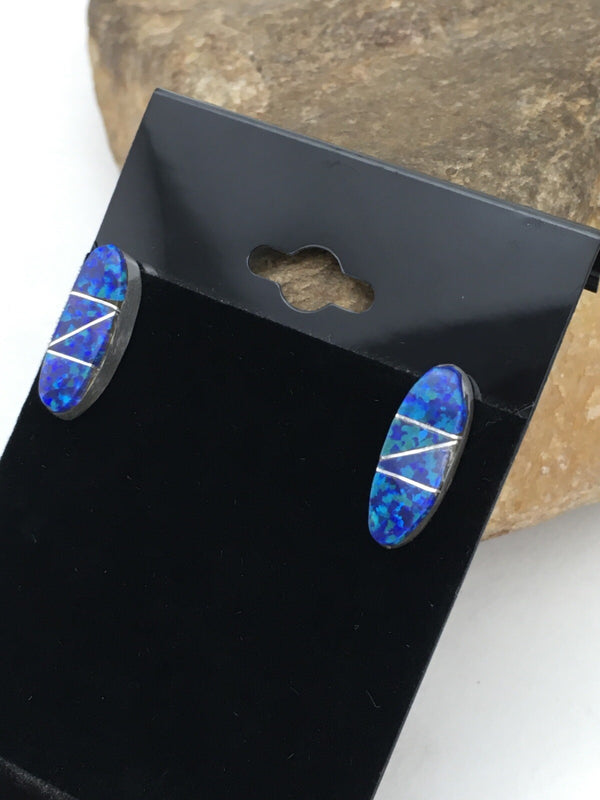 Navajo Handmade Blue Opal Inlay Earrings 0.75" | Sterling Silver | Authentic Native American Handmade | 1331
