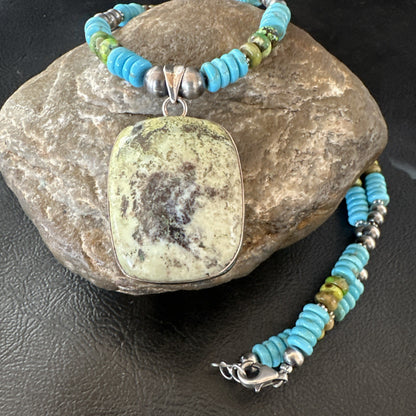 Green Gaspeite Pendant Blue Turquoise Navajo Sterling Silver Necklace 20" 19672