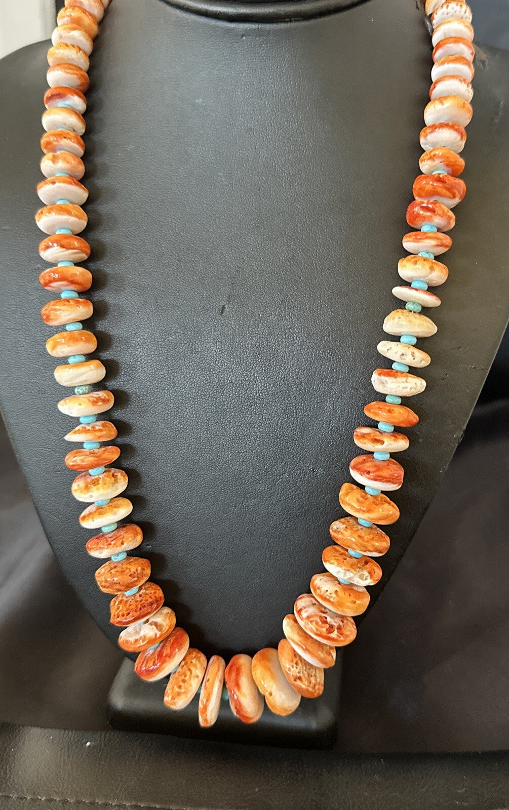 Orange Spiny Oyster Blue Turquoise Navajo Sterling Silver Necklace 25" 18089