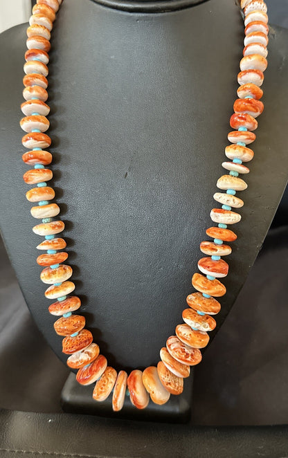 Orange Spiny Oyster Blue Turquoise Navajo Sterling Silver Necklace 25" 18089