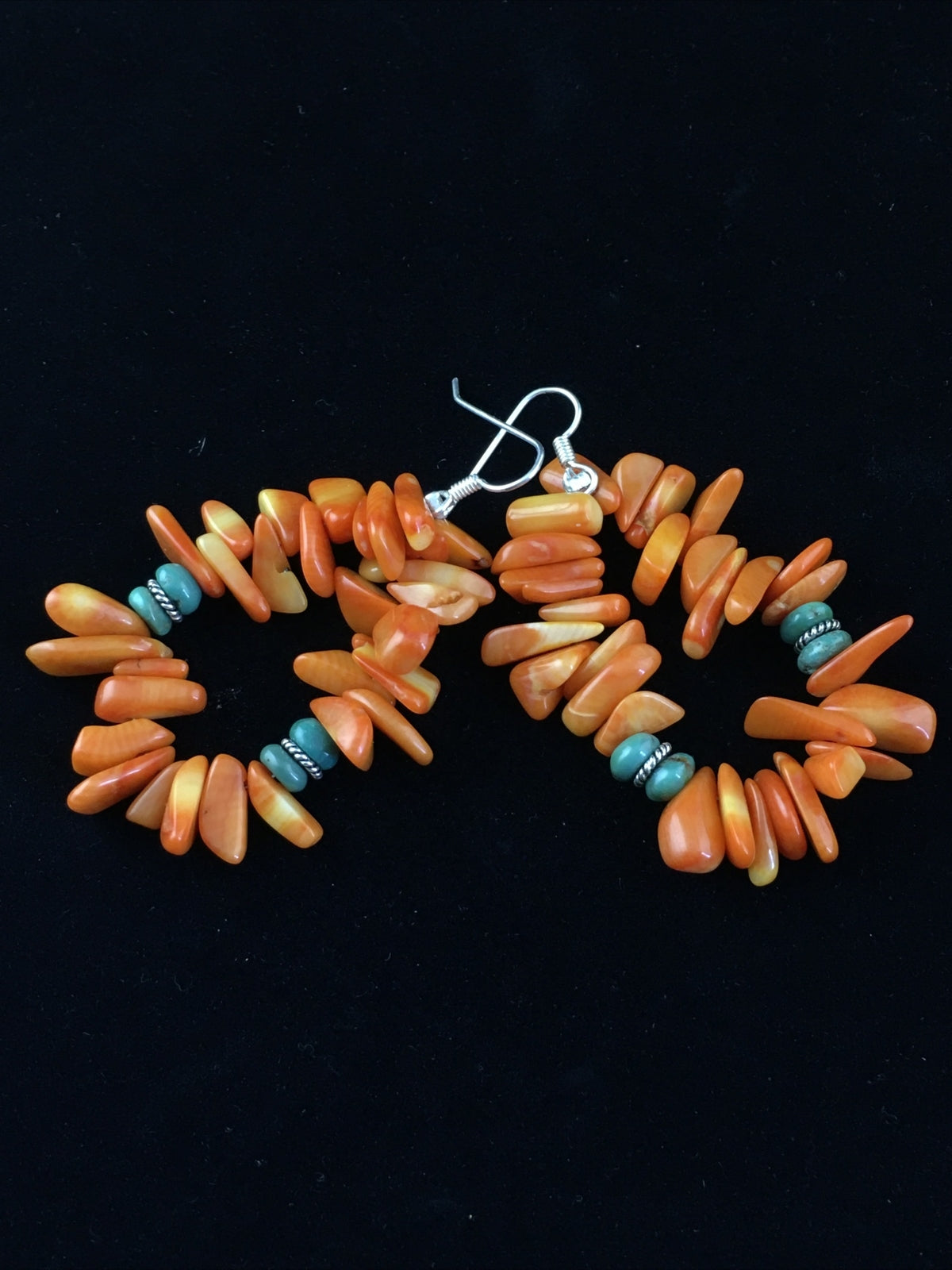 Orange Coral & Turquoise Navajo Sterling Silver Earrings 01776