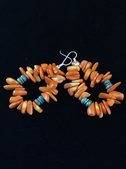 Orange Coral & Turquoise Navajo Sterling Silver Earrings 01776