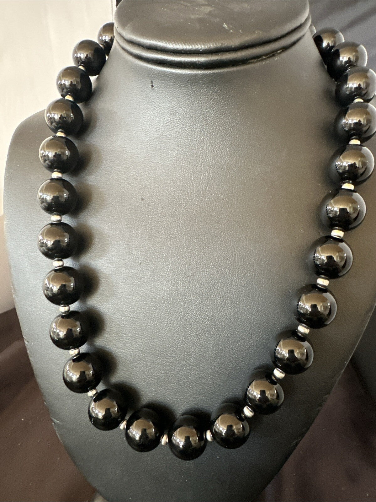 Black Onyx 16mm Large Bead Navajo Sterling Silver Necklace 20” 18787