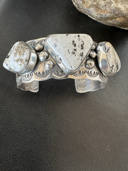 Mens White Buffalo Turquoise Navajo Sterling Silver Cuff Bracelet 7.75" 19427
