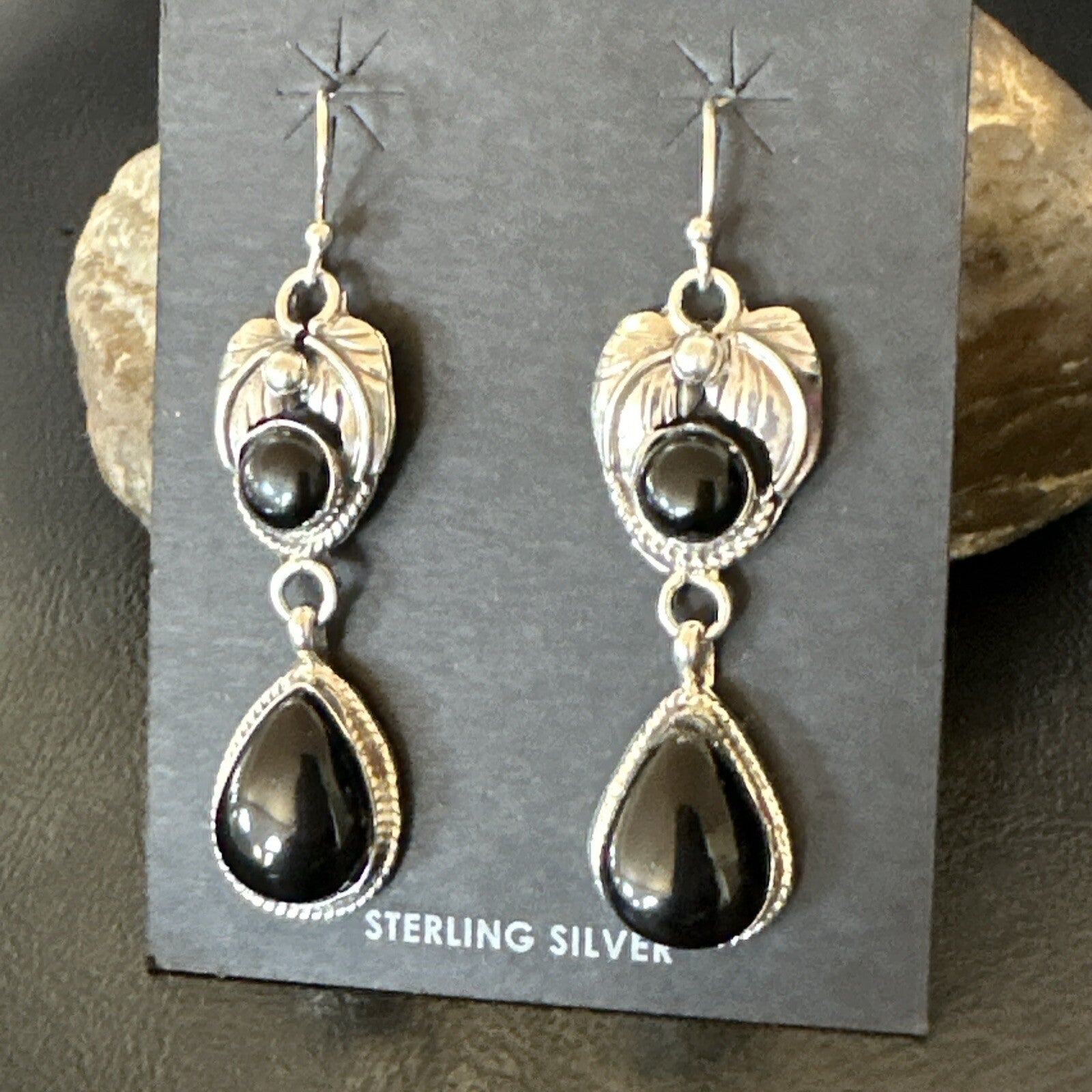 Black Onyx Navajo Sterling Silver Dangle Earrings 1.5" 18287