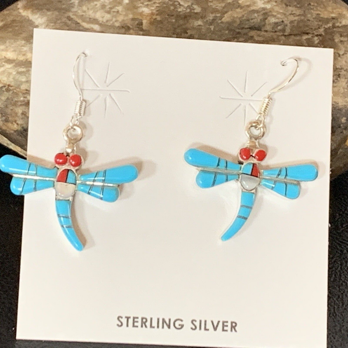 Dragonfly Blue Turquoise Coral MOP Inlay Sterling Silver Earrings 1" 13318