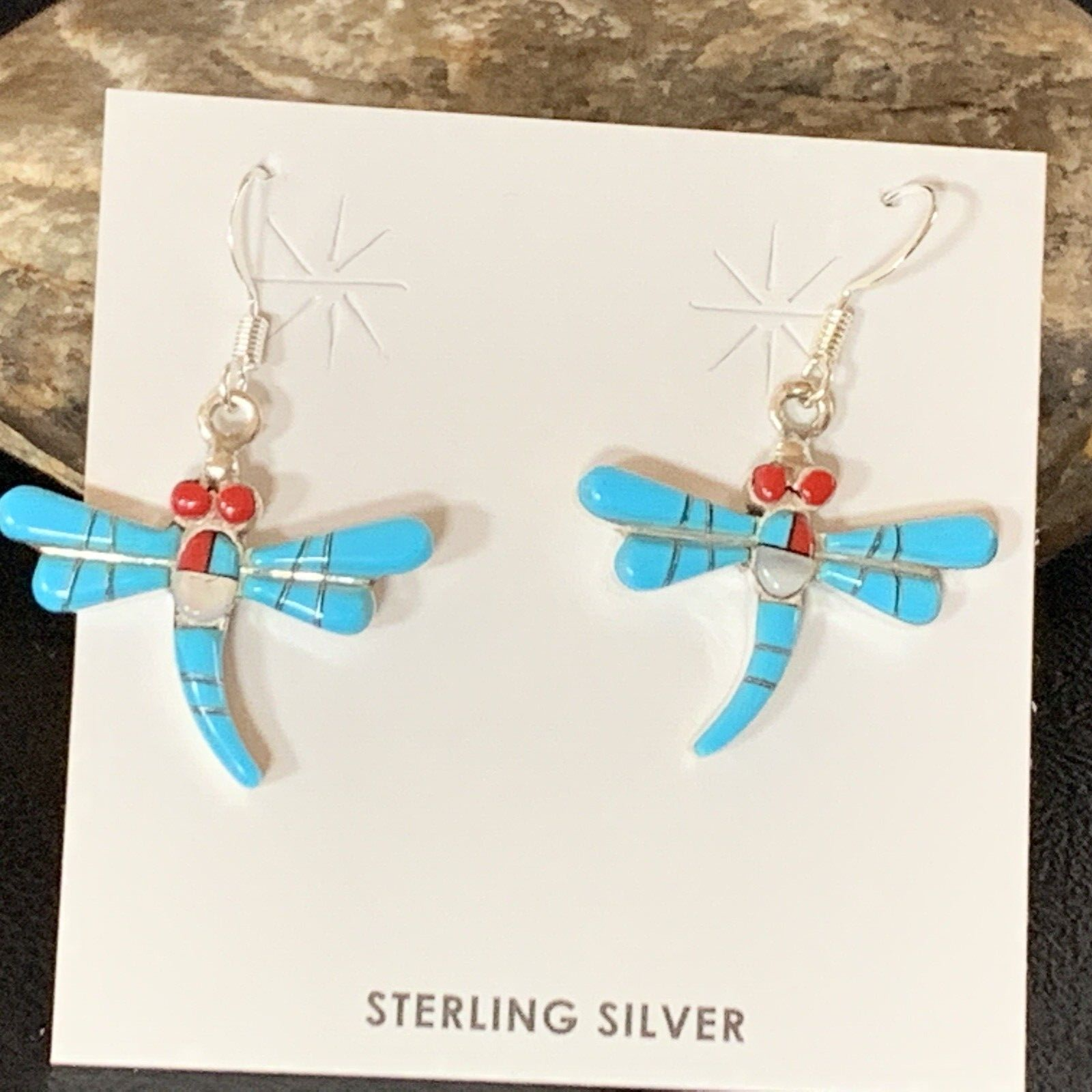 Dragonfly Blue Turquoise Coral MOP Inlay Sterling Silver Earrings 1" 13318