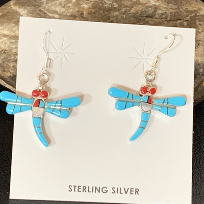 Dragonfly Blue Turquoise Coral MOP Inlay Sterling Silver Earrings 1" 13318