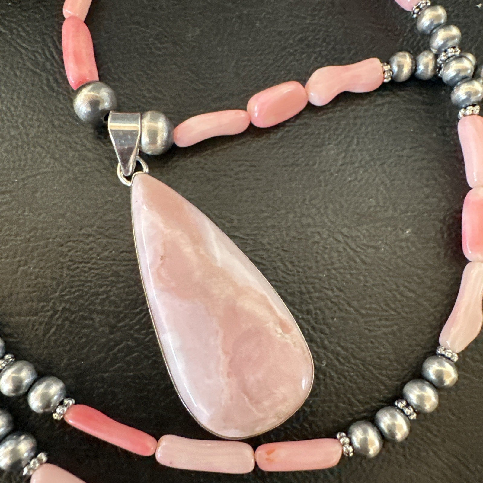 Southwestern Sterling Silver Pink Coral Bead Necklace Quartz Pendant 24" 19589