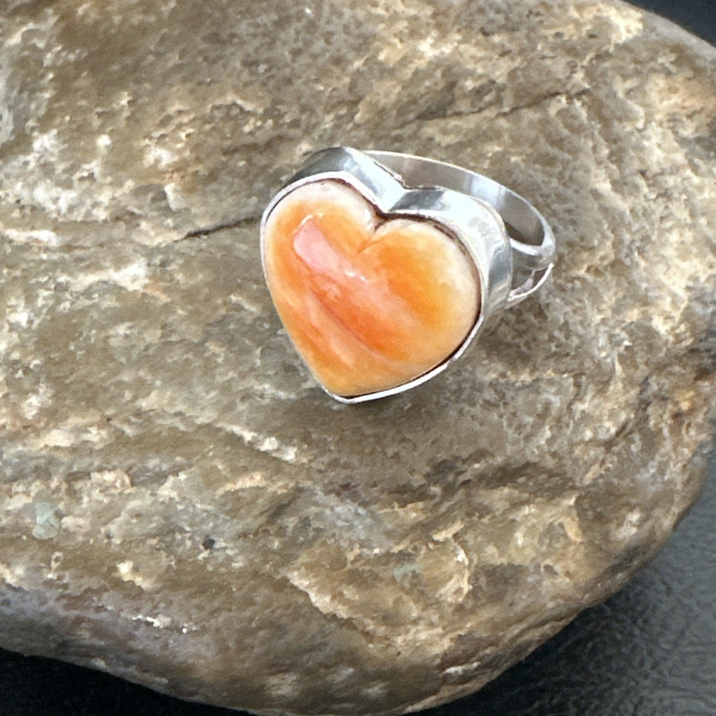 Orange Heart Ring Handmade Navajo Spiny Oyster Sterling Silver Sz 8 19327