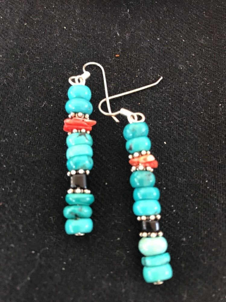Blue Turquoise Red Spiny Oyster Sterling Silver Navajo Earrings