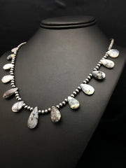 Black Rutilated Opal Pear Shaped Navajo Pearls Necklace | Sterling Silver | Authentic Native American Handmade | 04090