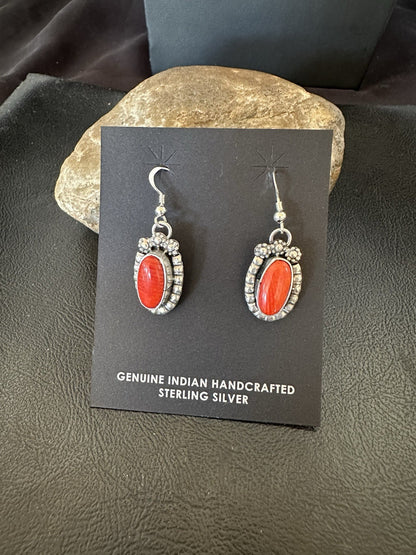 Handmade Red Coral Sterling Silver Navajo Dangle Earrings Yazzie 19534