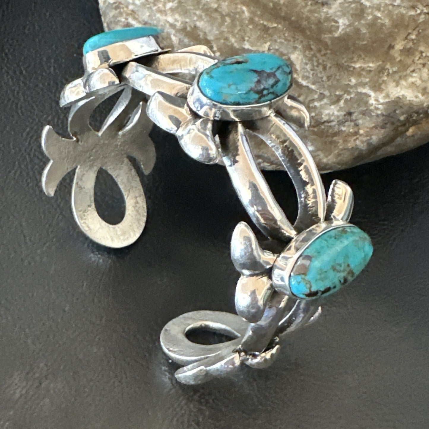 Tufa Cast Blue Turquoise 3 Stone Navajo Sterling Silver Cuff Bracelet 18572