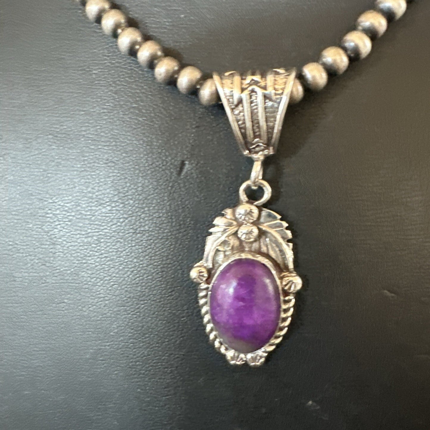 Purple Stone Pendant Sterling Silver Beads Necklace 20” 18048