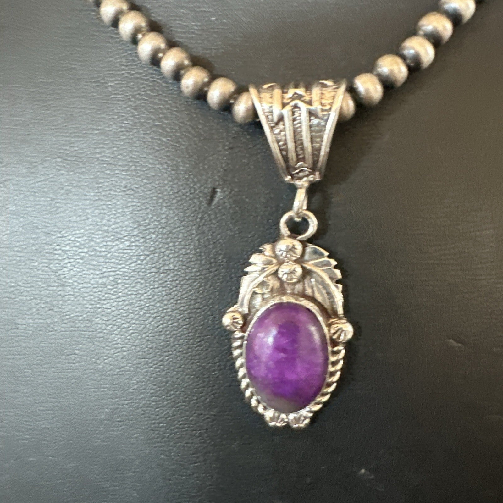 Purple Stone Pendant Sterling Silver Beads Necklace 20” 18048
