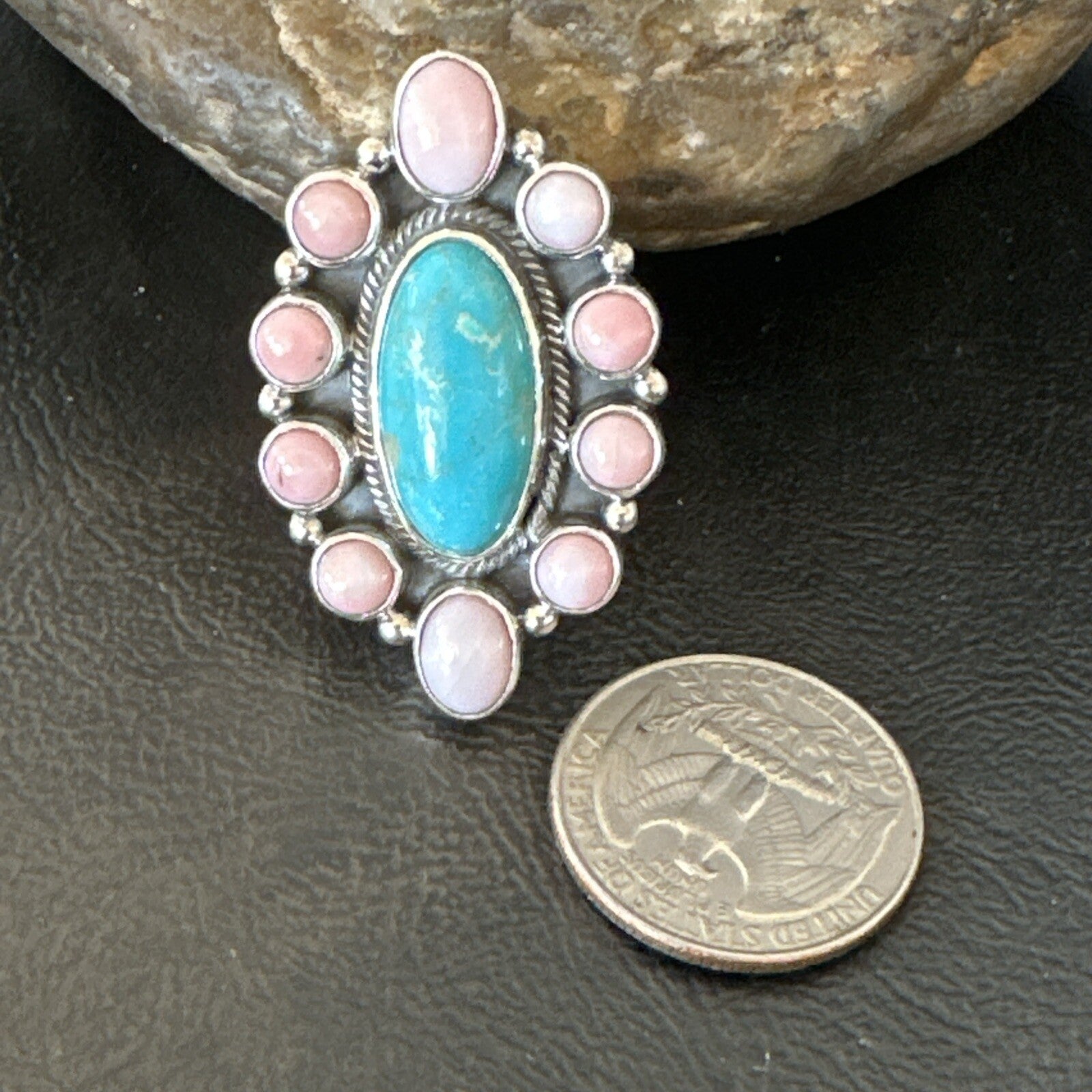 Cluster Ring Handmade Navajo Pink Conch Turquoise Sz 7 18789