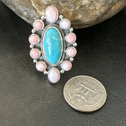 Cluster Ring Handmade Navajo Pink Conch Turquoise Sz 7 18789