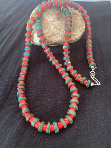 Turquoise & Coral Heishi Bead Navajo Sterling Silver Necklace 21” 04757