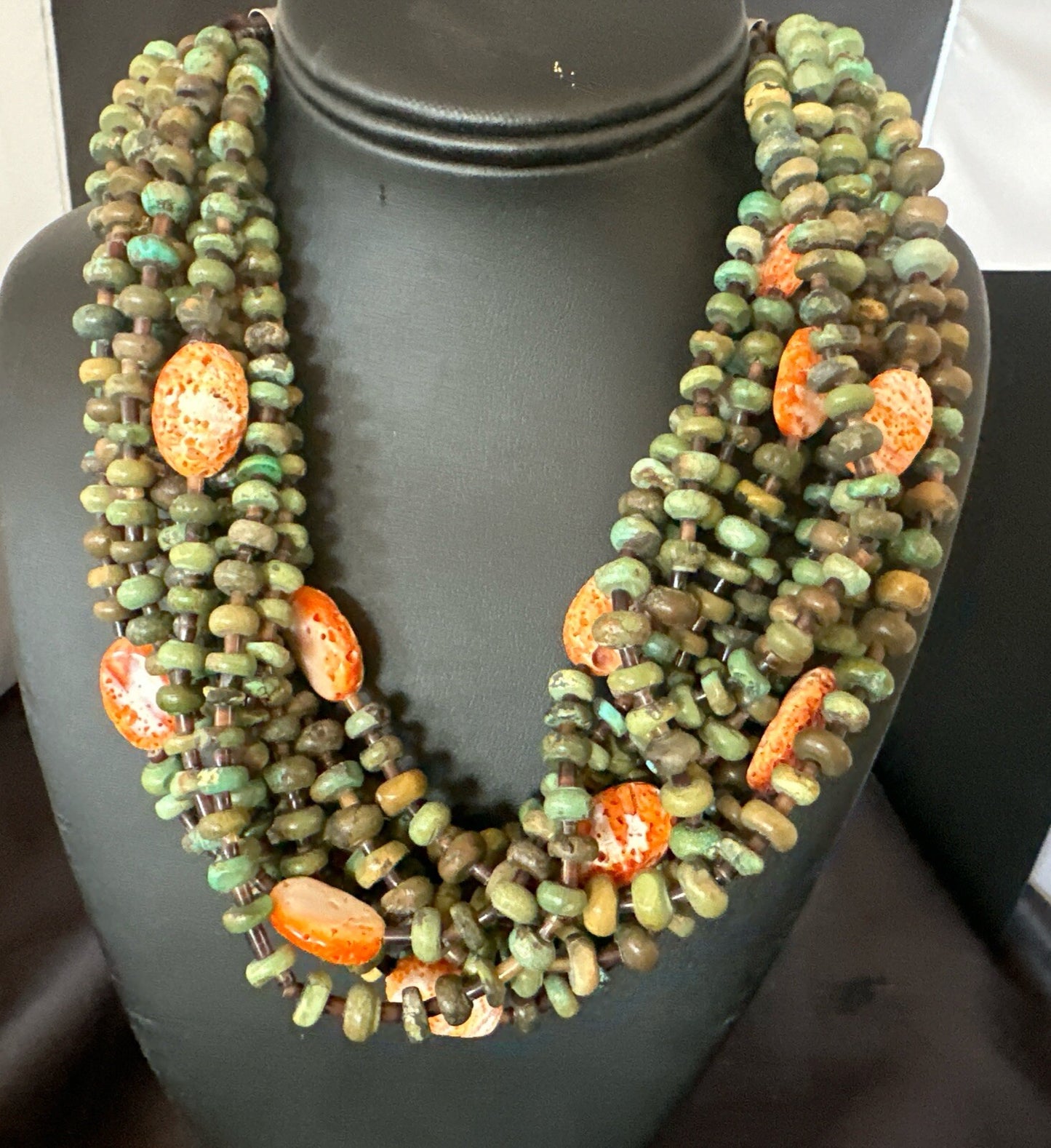 Navajo Green Turquoise 10S Sterling Silver Orange Spiny Shell Necklace 19" 18478