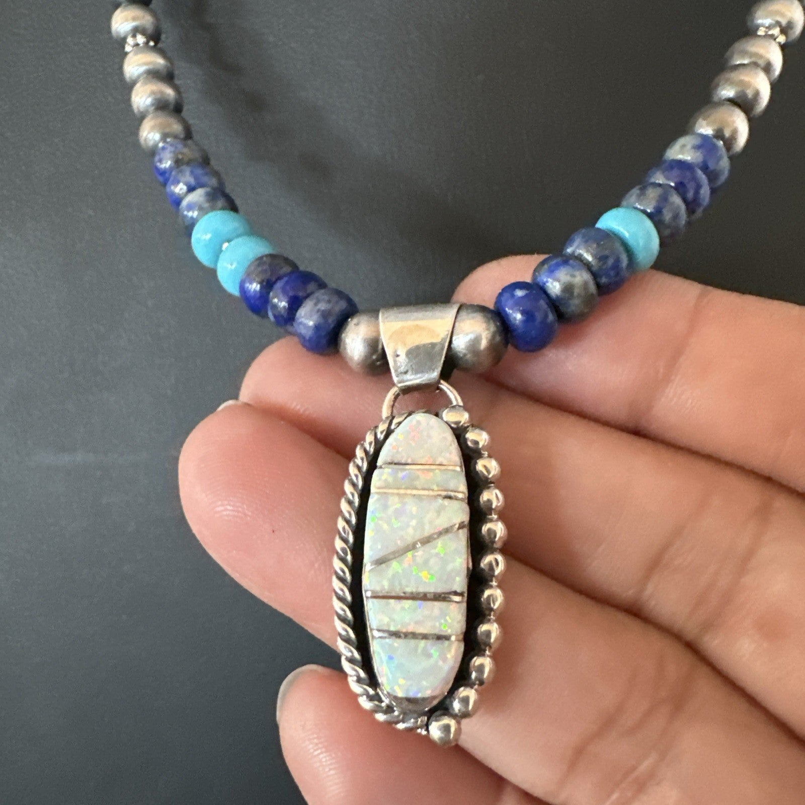 Blue Turquoise White Opal Pendant Lapis Navajo Sterling Silver Necklace 19471