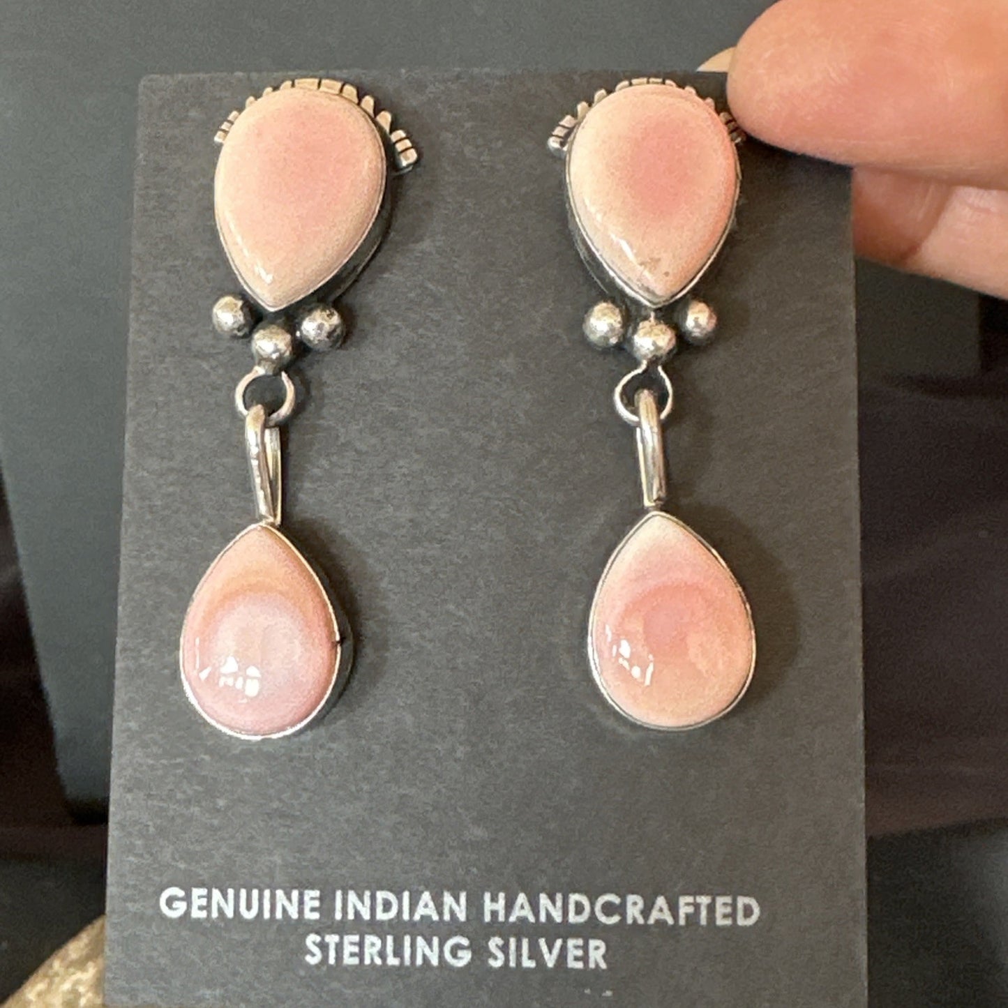 Yazzie Pink Queen Conch Navajo Sterling Silver Post Dangle Earrings 19796