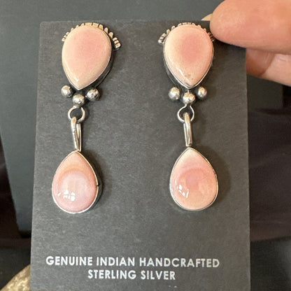 Yazzie Pink Queen Conch Navajo Sterling Silver Post Dangle Earrings 19796
