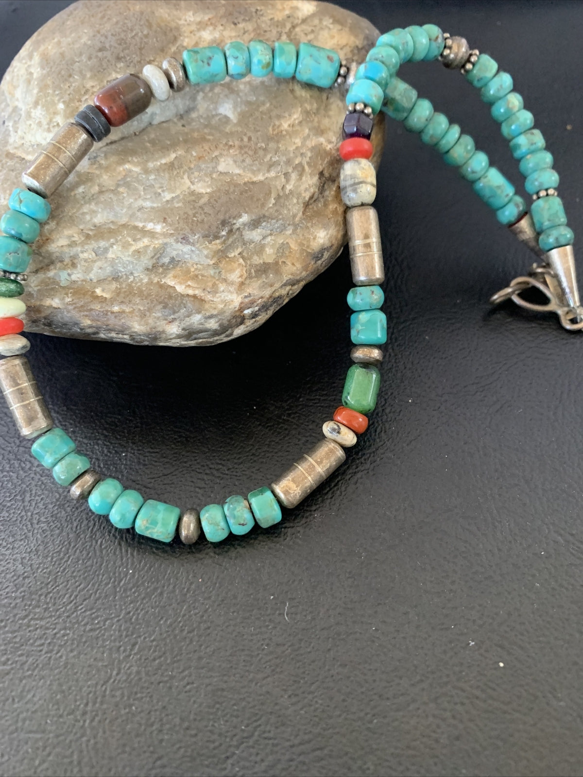 Turquoise Spiny Oyster & Coral Beads Sterling Silver Gold Necklace 10396