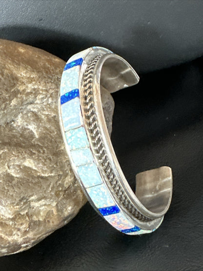 Blue Lapis Opal Zuni Sterling Silver Cuff Inlay Bracelet 17956