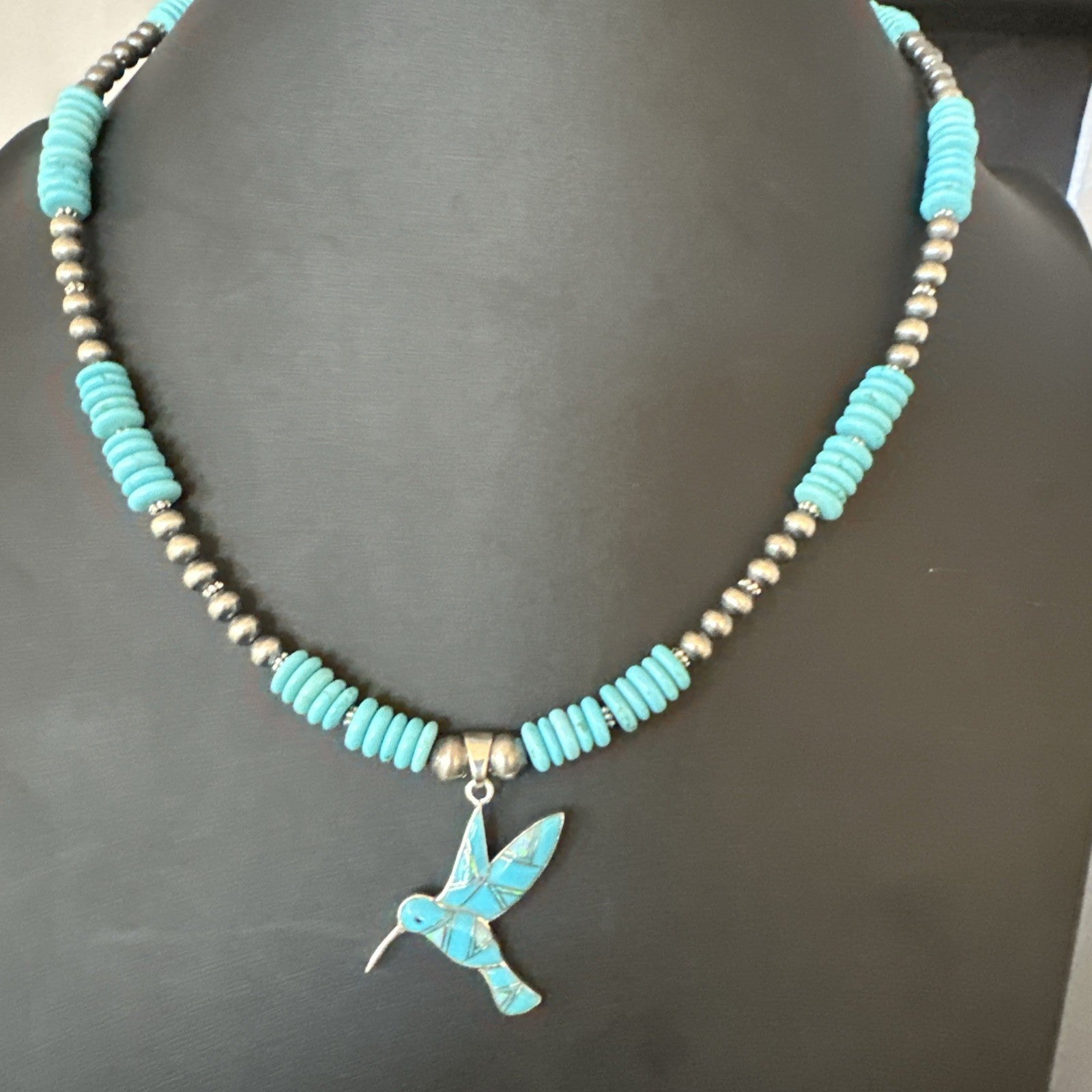 Blue Turquoise Opal HummingBird Inlay Pendant Navajo Sterling Necklace 19500