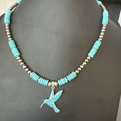 Blue Turquoise Opal HummingBird Inlay Pendant Navajo Sterling Necklace 19500