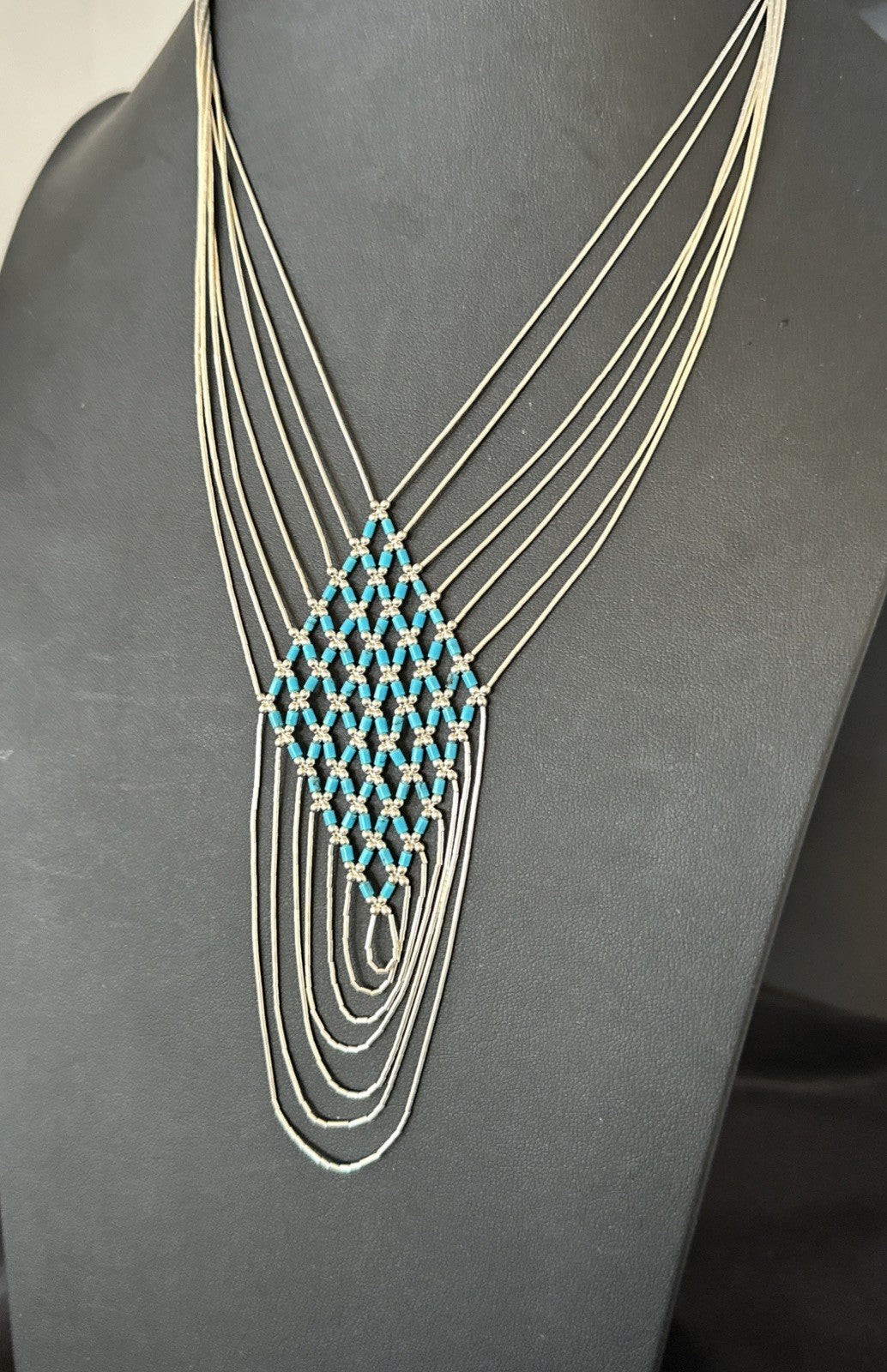 Turquoise Heishi Tubes Pendant 7 Strand Liquid Sterling Silver Necklace 19748