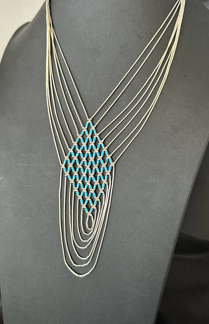 Turquoise Heishi Tubes Pendant 7 Strand Liquid Sterling Silver Necklace 19748