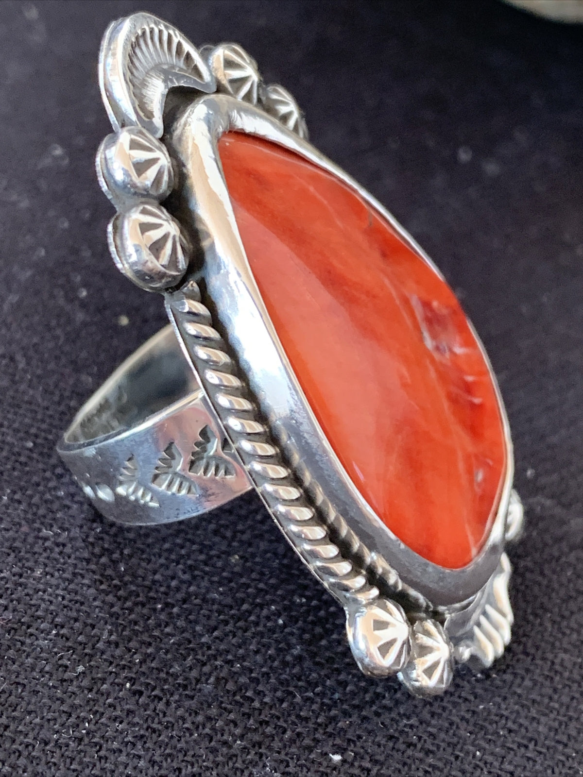 Womens Navajo Sterling Silver Red Spiny Oyster Ring S8.5 10204