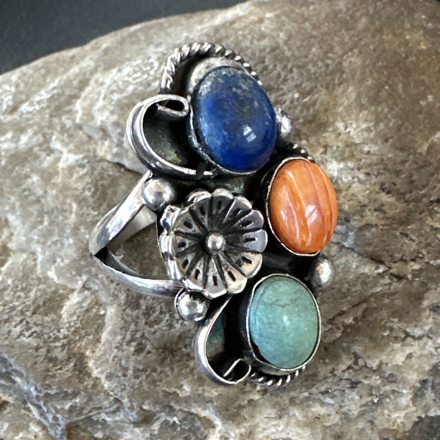 Yazzie Ring Turquoise Lapis Spiny Navajo Sterling Silver Cluster Sz 8.5 19315