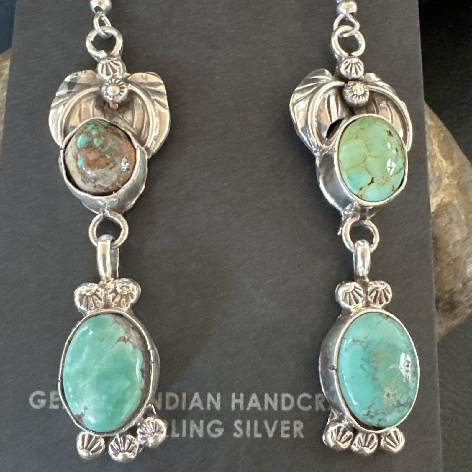 Navajo Green Turquoise Sterling Silver Dangle Earrings 2” 18043
