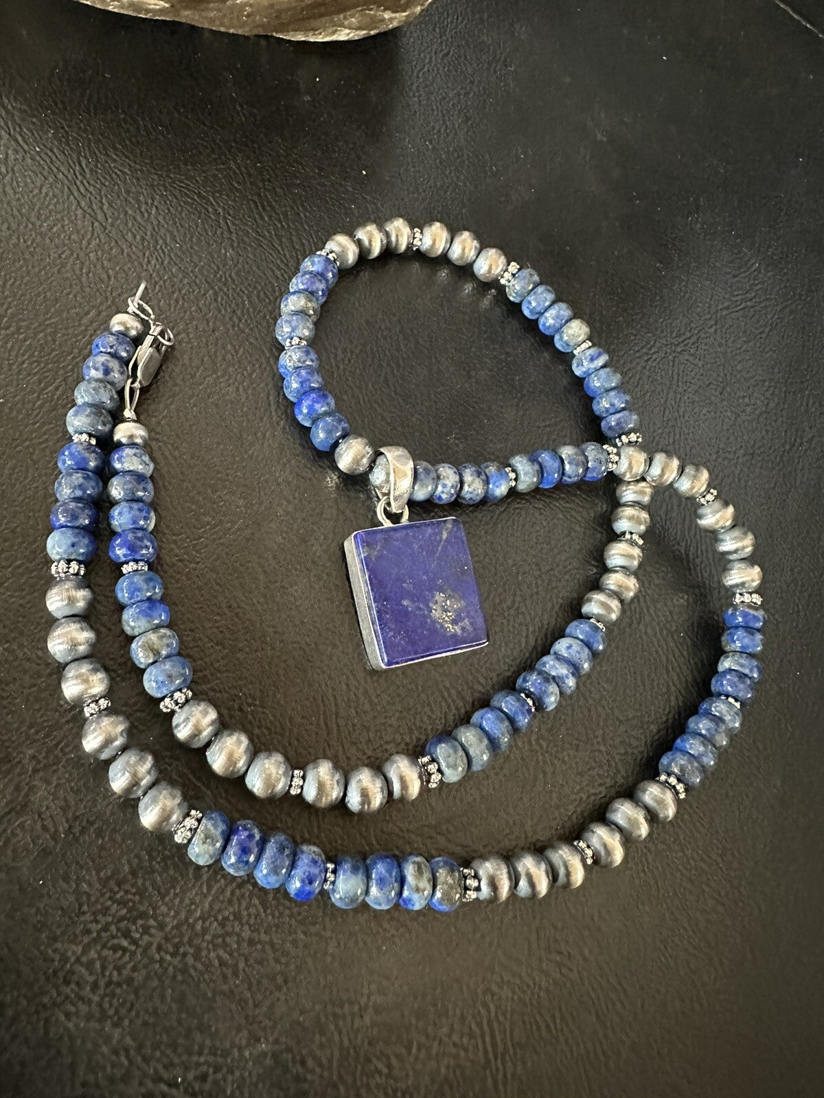 Mens Womens Blue Lapis Navajo Sterling Silver Cluster Pendant Necklace 21” 18341