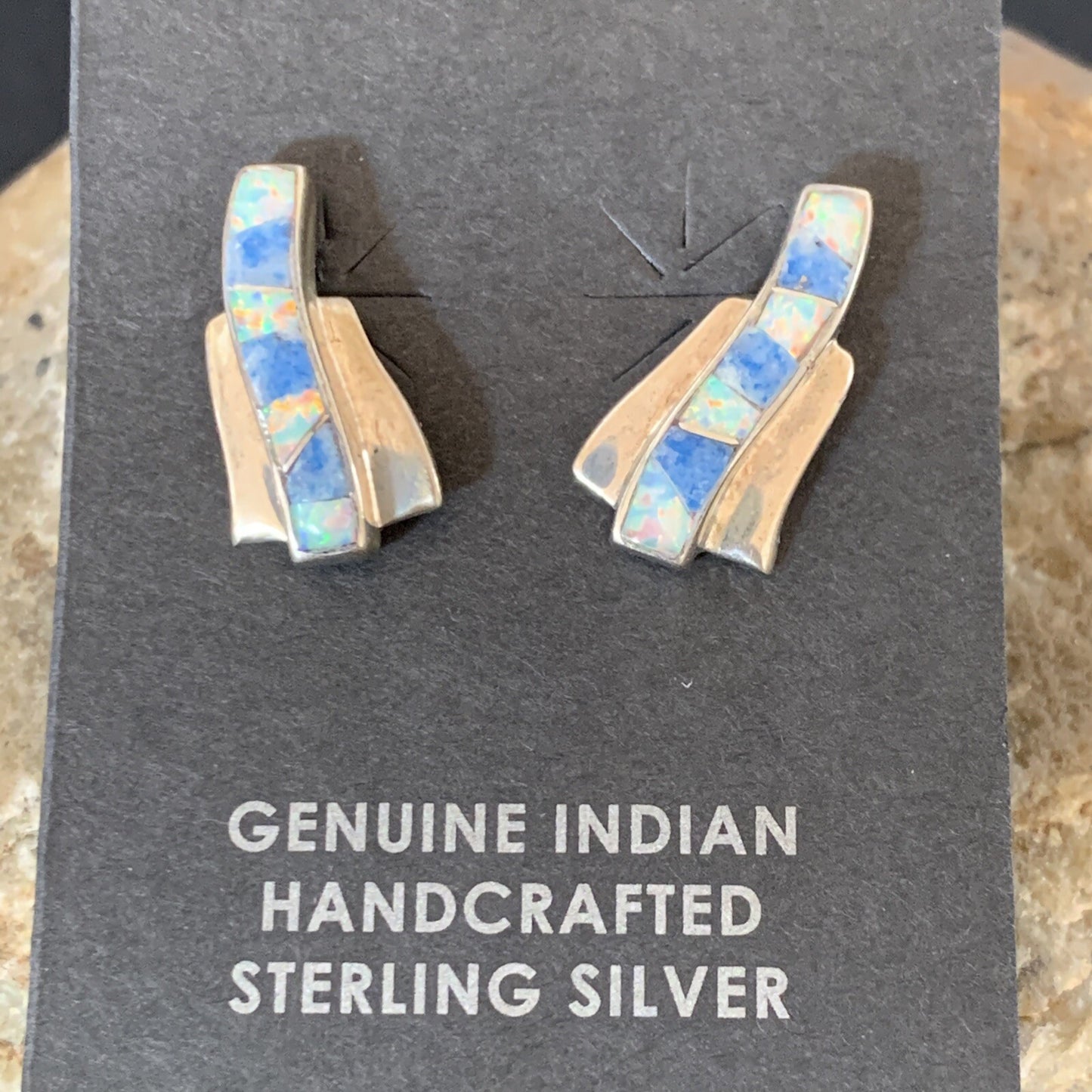 Women Blue Denim Lapis & White Opal Navajo Sterling Silver Inlay Earrings 128900