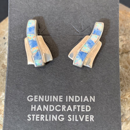 Women Blue Denim Lapis & White Opal Navajo Sterling Silver Inlay Earrings 128900