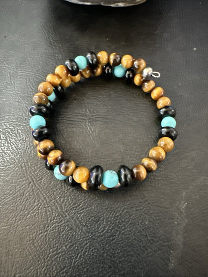 Blue Turquoise Coffee Tigers Eye Navajo Stainless Memory Wire Bracelet 19695