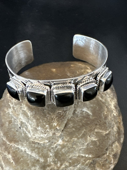 Native Mens Navajo Sterling Silver Black Onyx Cuff Bracelet 5 Stone 18020