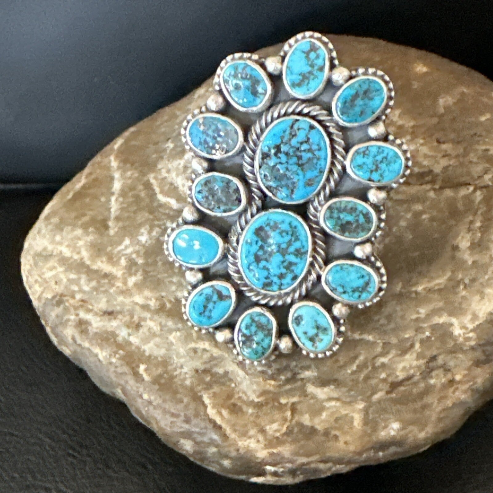 Navajo Cluster Blue Kingman Turquoise Sterling Silver Adjustable Ring Sz 7 18794