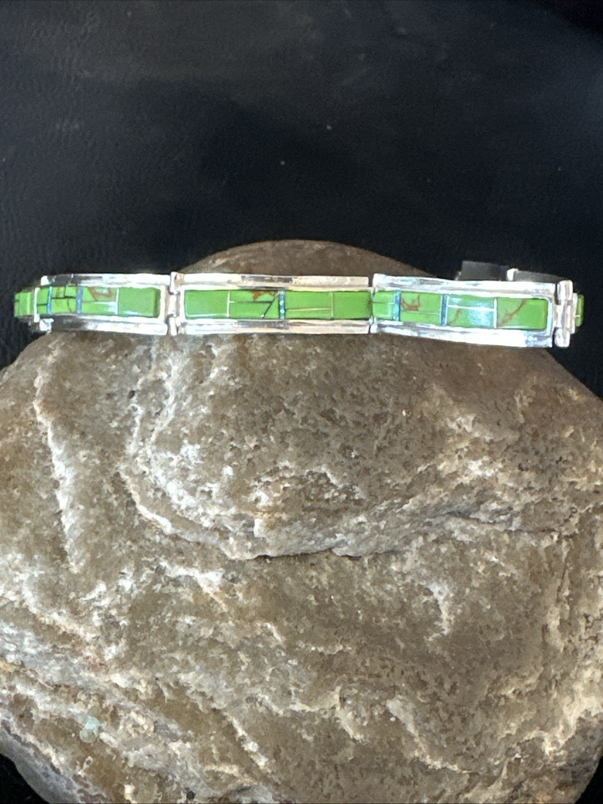 Womens Green Gaspeite Inlay Link Bracelet 7.5” Sterling Silver 19152
