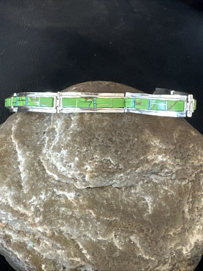 Womens Green Gaspeite Inlay Link Bracelet 7.5” Sterling Silver 19152