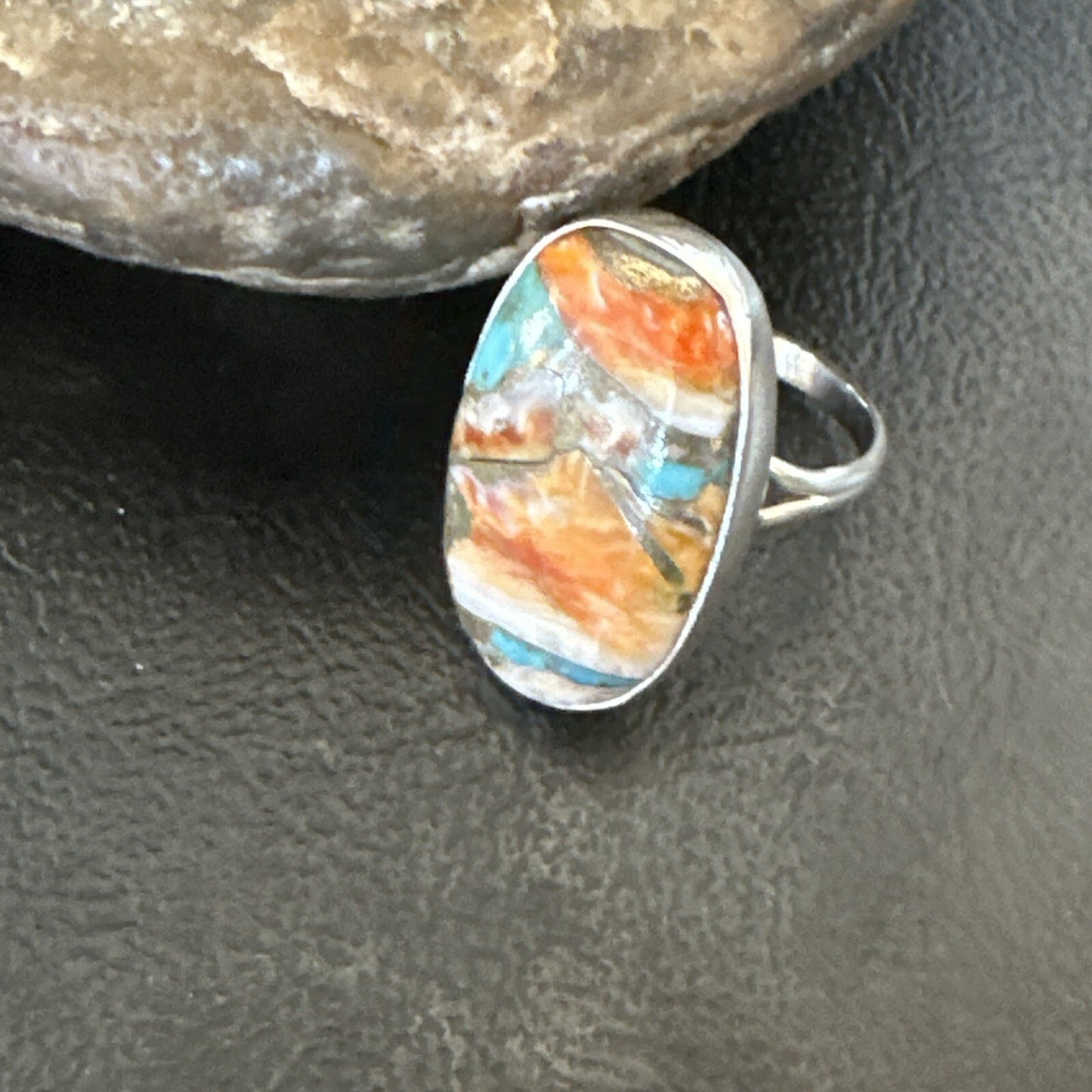 Blue Turquoise Spiny Oyster Navajo Sterling Silver Ring Size 8 18252
